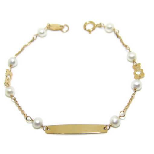 Pulsera bebe placa,  perlas y osos