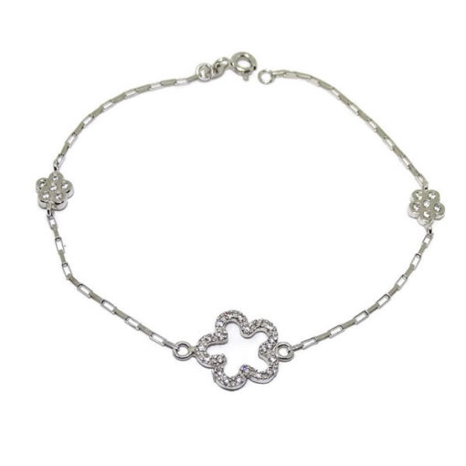 Pulsera flor y circonitas en oro blanco