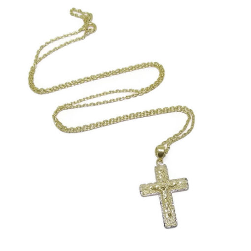 Cruz bicolor con Cristo artesanal con cadena todo oro 18k - Imagen 5