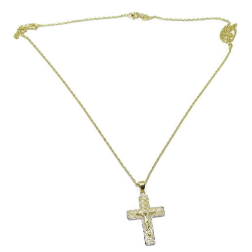 Cruz bicolor con Cristo artesanal con cadena todo oro 18k - Imagen 6