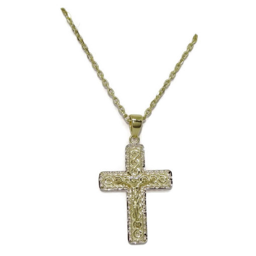 Cruz bicolor con Cristo artesanal con cadena todo oro 18k