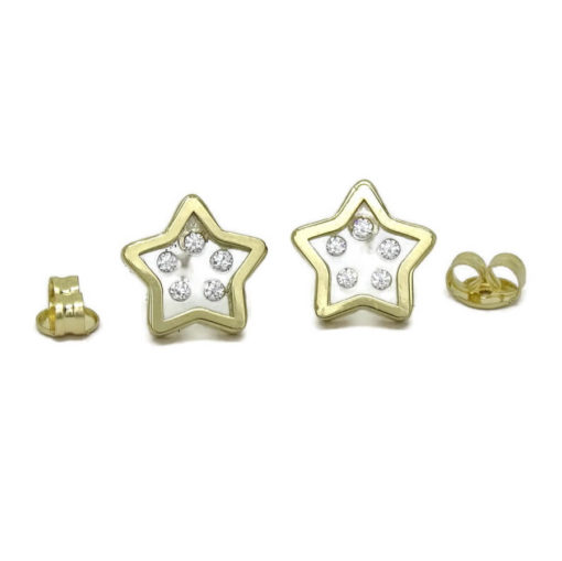 Pendientes estrellas de oro amarillo de 18k con 10 circonitas de la mejor calidad insertadas en metacrilato y cierre presión.