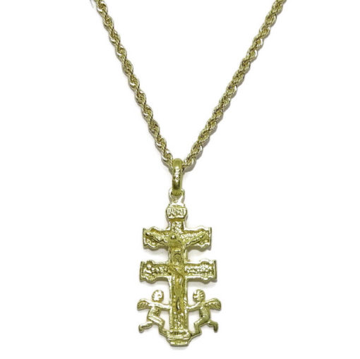 Cruz de Caravaca con Sus 2 emblematicos angelitos Oro de 18k y cordón salomónico de 50cm. 3.50gr de Oro de 18k