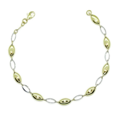 Pulsera de oro amarillo y oro blanco para mujer de eslabones ovalados calados y con cuerpo, de 19.50cm de larga y 5mm de ancha