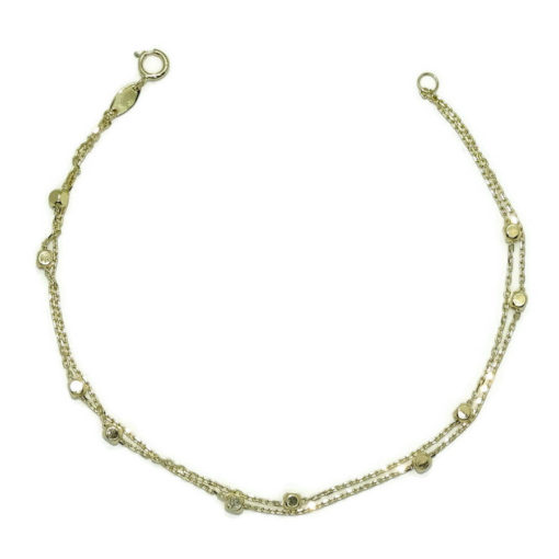 Pulsera para mujer de oro amarillo de 18k con doble cadena forzada y 10 cuadrados de 2.5mm de oro brillo.