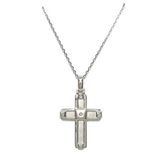 Cruz de oro blanco de 18k con 0.04cts de diamantes, ideal comunión y mujer con cadena forzada de 50.00 cm.