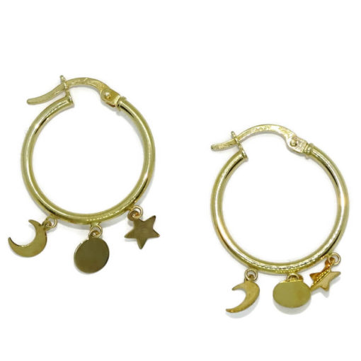 Pendientes aros de oro amarillo de 18k con motivos colgando, tubo de 2mm de grosor - Imagen 6