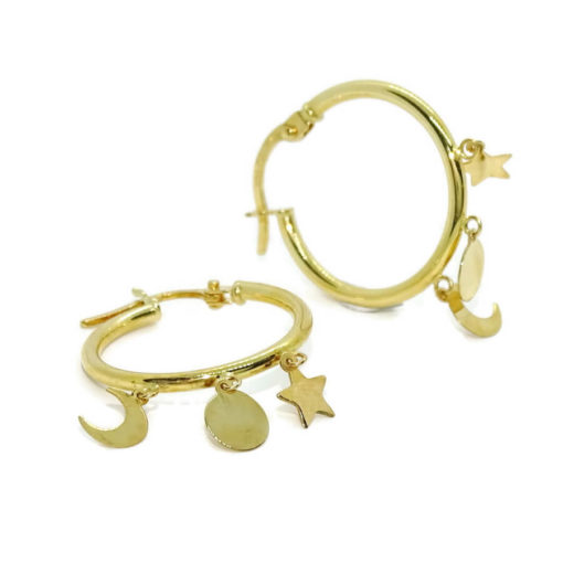 Pendientes aros de oro amarillo de 18k con motivos colgando, tubo de 2mm de grosor