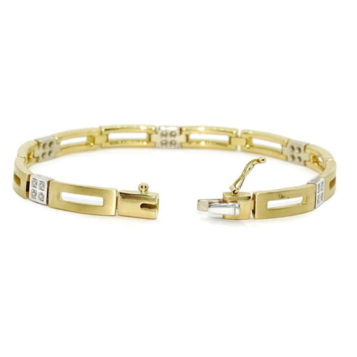 Preciosa pulsera clásica para mujer de oro amarillo mate y brillo y oro blanco con 20 circonitas, todo de 18k. Semi-rígida - Imagen 7