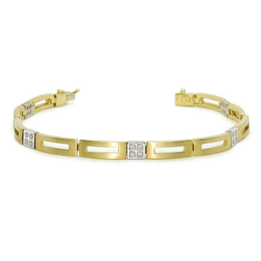 Preciosa pulsera clásica para mujer de oro amarillo mate y brillo y oro blanco con 20 circonitas, todo de 18k. Semi-rígida