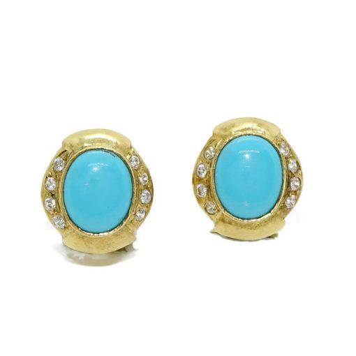 Preciosos y clásicos pendientes de oro amarillo de 18k con turquesas y circonitas. Grandes y aparentes.